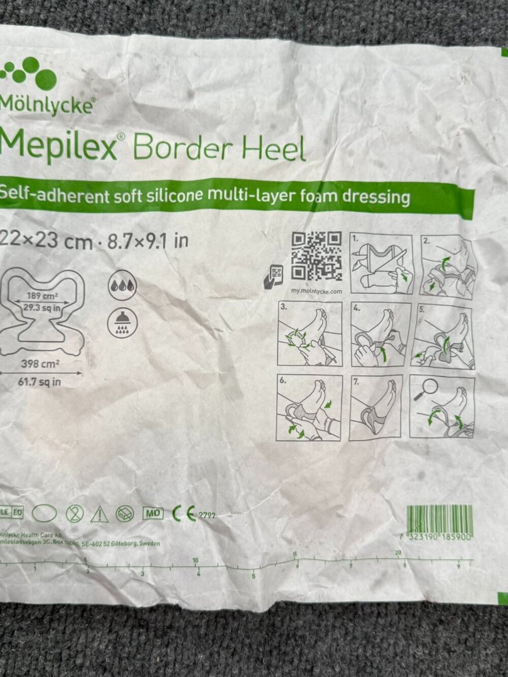 Mölnlycke Mepilex Border Heel Silicone Foam Dressing 22x23cm 8.7x9.1" Safetac